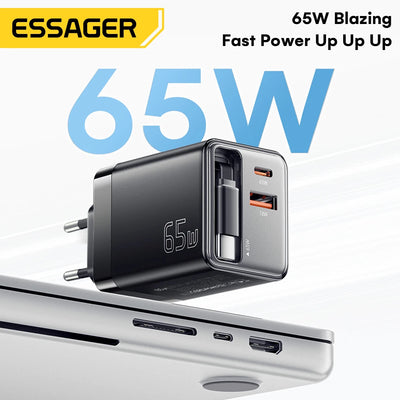 Essager 65W GaN Charger with Retractable Cable PD Fast Charging for Laptop Macbook iPhone 17 16 15 Xiaomi Type-C Phone Charger