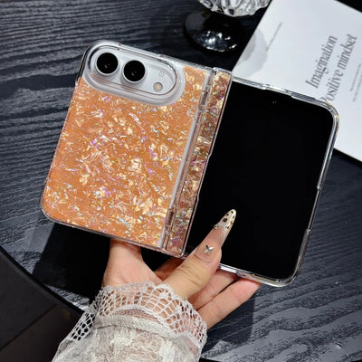 Fashion INS IMD Iridescent Shell Glitter Flip Phone Case For IPhone Duo 18 Fold Skin Feel Hinge Full-protecto Shockproof Cover