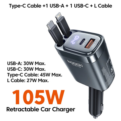 Toocki 105W Car Charger USB C Retractable Cable 0.75m PD 45W QC 3.0 SCP SFC2.0 PPS Fast Charging for iPhone 17 16 Samsung Tablet