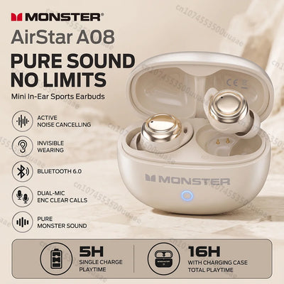 Monster A08 ANC Bluetooth 6.0 Earbuds Mini Invisible In-Ear Sports Ear Buds Active Noise Cancellation TWS Wireless Earphone
