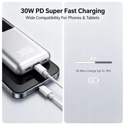 10000mAh 30W PD Fast Charging Power Bank Built-in 2 Cables Portable External Battery Pack LED Digital Display Slim Metal Powerbank For iPhone 18 Pro  Android Travel