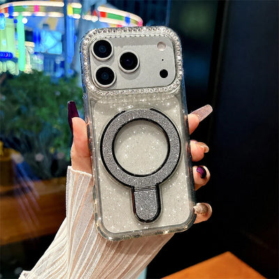 Luxury Sparkling Glitter Magnetic Ring Stand Phone Case for iPhone 18/17 Air/16/15/14/13/12 Pro Max/Pro/Plus Series, Crystal Clear Rhinestone Diamond Protective Cover with Raised Camera Lens Protection, Compatible with MagSaf