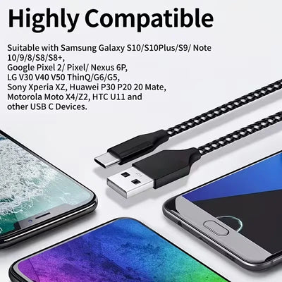 6-Pack Braided USB-C Cable Fast Charging 3.3FT/1m Durable USB a to Type C Data Cable for iPhone 18/15/16/17 Samsung Galaxy Series Tablets Black