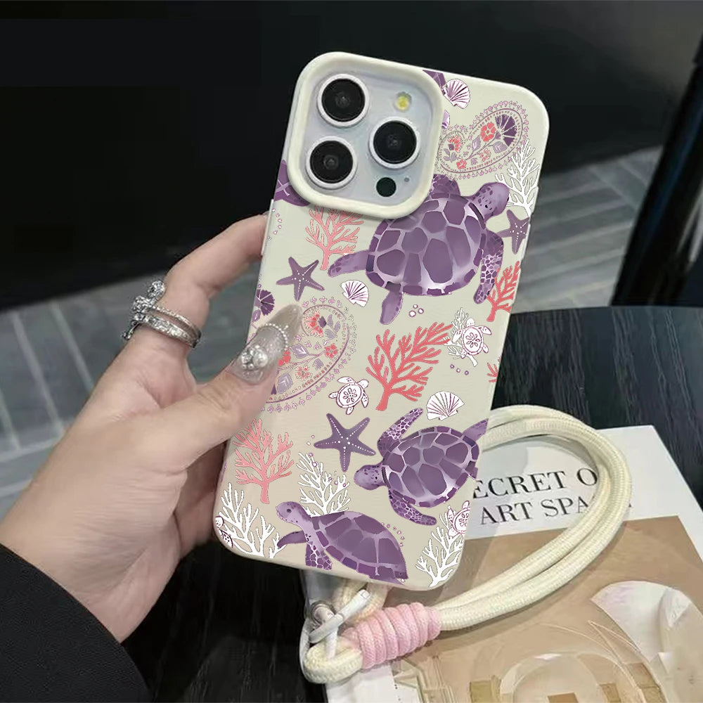 Wrist Strap Case For iPhone 18 13 14 Pro Max Cases iPhone 11 12 17 ProMax 13 15 Plus Coastal Sea Turtle With Lanyard Cover