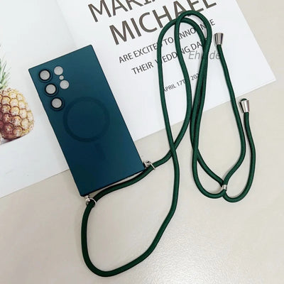 Metallic Paint Magnetic Case For Samsung Galaxy S26 S25 S24 S23 S22 Ultra FE Plus Wireless Crossbody Lanyard Strap Cover
