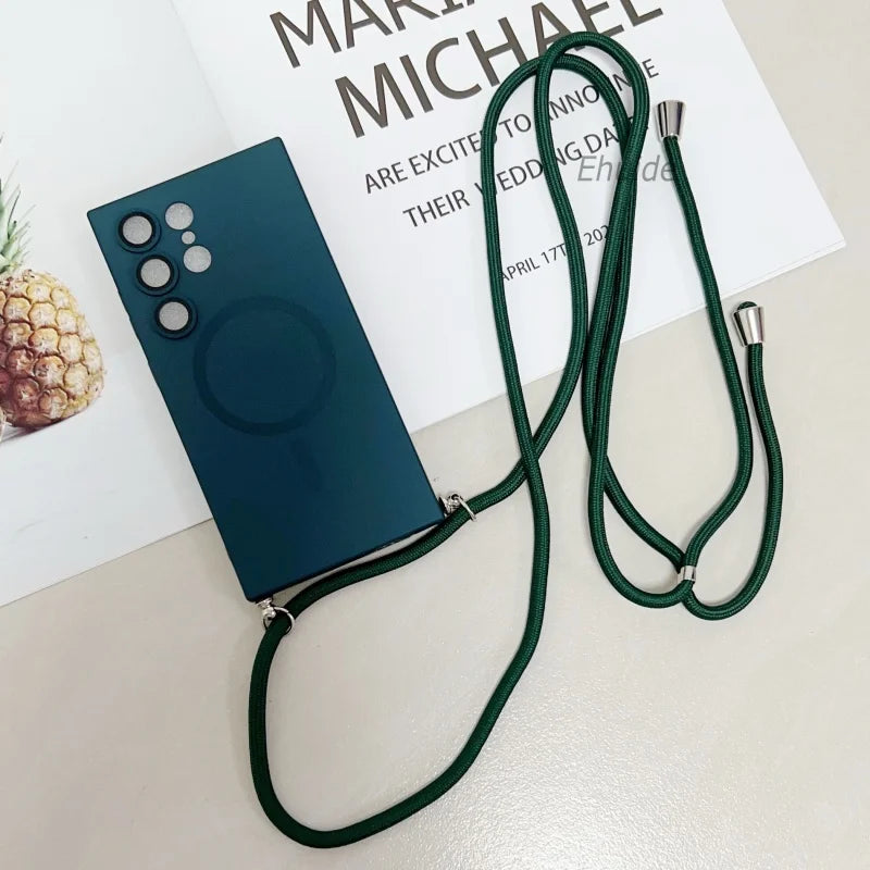 Metallic Paint Magnetic Case For Samsung Galaxy S26 S25 S24 S23 S22 Ultra FE Plus Wireless Crossbody Lanyard Strap Cover