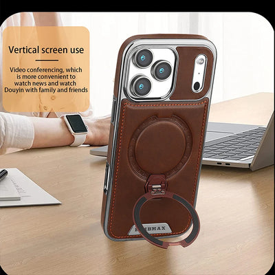 Magnetic Rotat Bracket Luxury Leather Phone Case For iPhone 12 13 14 15 16 17 18 Pro Max Plus Wireless Charging Shockproof Cover
