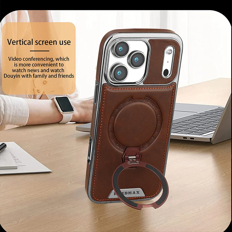 Magnetic Rotat Bracket Luxury Leather Phone Case For iPhone 12 13 14 15 16 17 18 Pro Max Plus Wireless Charging Shockproof Cover