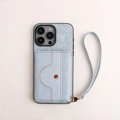 Denim Textured TPU+PU Leather Case for iPhone 12 13 14 15 11 16e Pro/Plus/ProMax Fashionable and Simple Rope Hanging Mirror Card