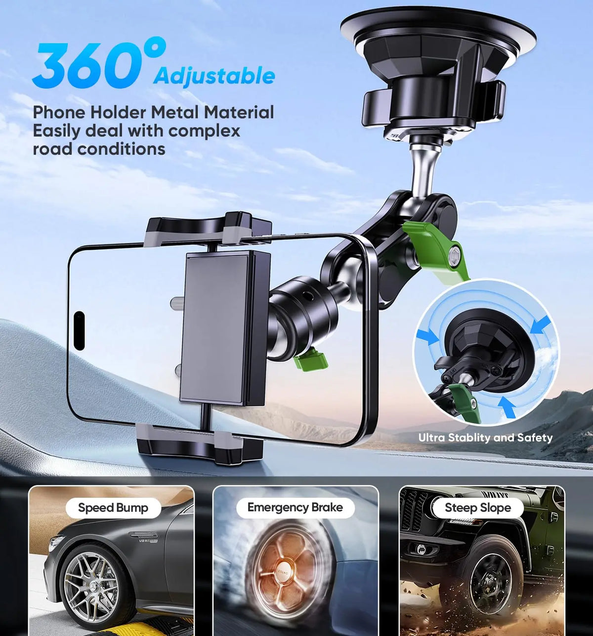 Universal Metal Car Phone Mount, 360° Rotation for Windshield/Dashboard, Suction Cup Holder for IPhone Samsung All Smartphones