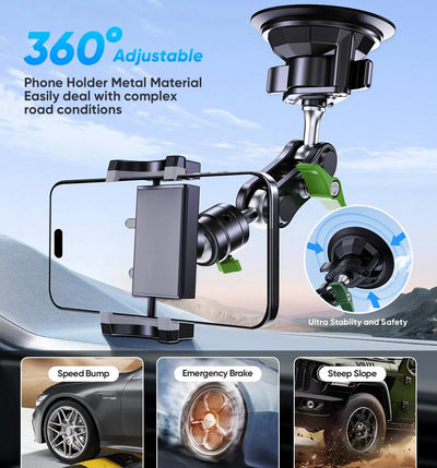 Universal Metal Car Phone Mount, 360° Rotation for Windshield/Dashboard, Suction Cup Holder for IPhone Samsung All Smartphones