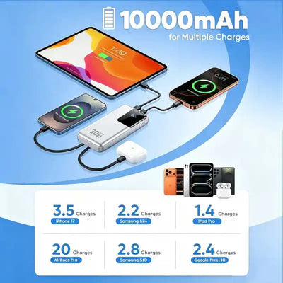 10000mAh 30W PD Fast Charging Power Bank Built-in 2 Cables Portable External Battery Pack LED Digital Display Slim Metal Powerbank For iPhone 18 Pro  Android Travel