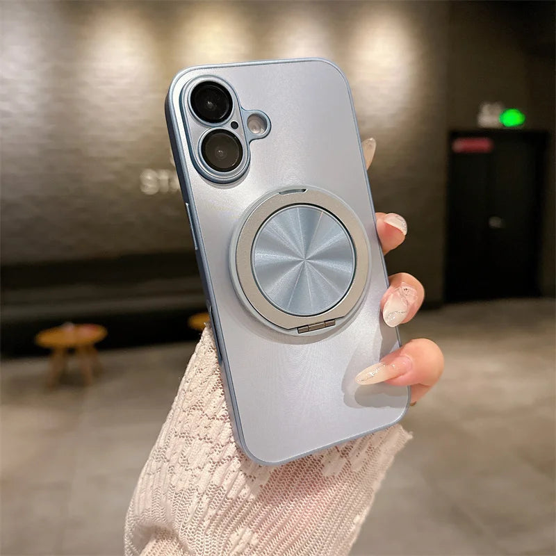 360 degree Rotatable Magsafe Ring Holder Case For iPhone 16 Pro Max 16 Plus 15 Pro 14 13 12 11 Frosted Plating Lens Film Cases