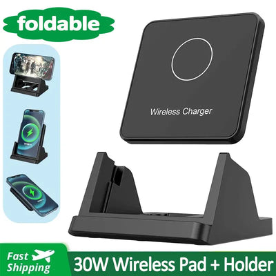 Fast Wireless Charger Pad + Holder for iPhone 17 15 14 13 12 11 Pro Max XR Samsung Galaxy Xiaomi Wireless Charging Dock Station