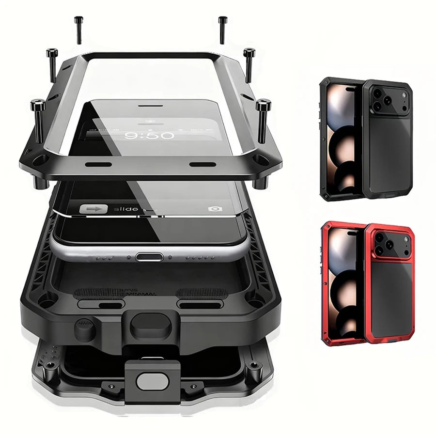 Heavy Duty Metal Armor Phone Case with Built-In Glass Screen Protector, 360° Full Body Rugged Shockproof Dustproof Protective Cover, Compatible with iPhone 18/17/Air/16/15/14/13/12/11, Pro, Pro Max, Plus, Mini, XR, XS, X, SE