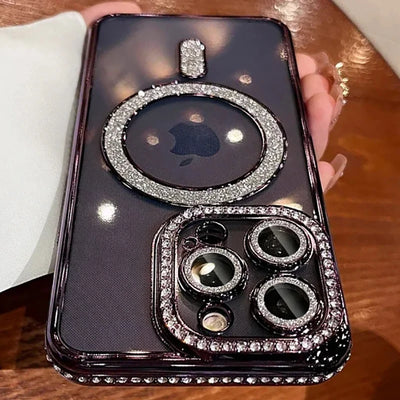 New Fashion Glitter Diamond Transparent Case For iPhone 16 15 14 13 17 12 18 Pro Max Plus Magnetic Wireless Charge Bumper Cover