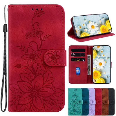 Magnetic Leather Phone Case For Google Pixel 10A 5 6A 8 9A 7 7A Pro Pixel 9 10 Pro XL Embossed Lilies Flip Cover Wallet Case