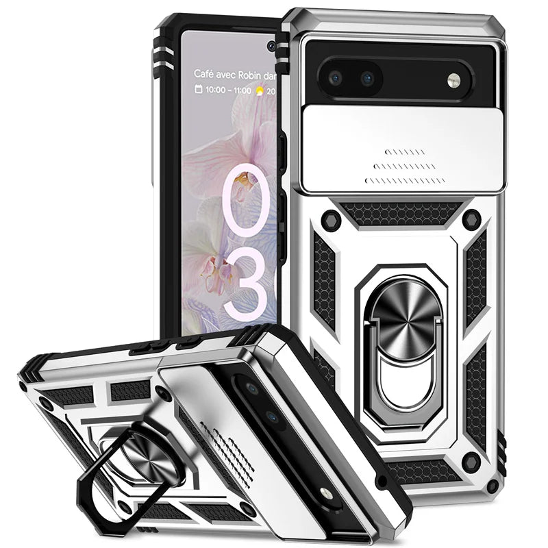 Durable Armor Slide Lens Full Protect Cover for Google Pixel 10 9 8 7 6 A Pro XL 360 Metal Magnetic Ring Holder Shockproof Case