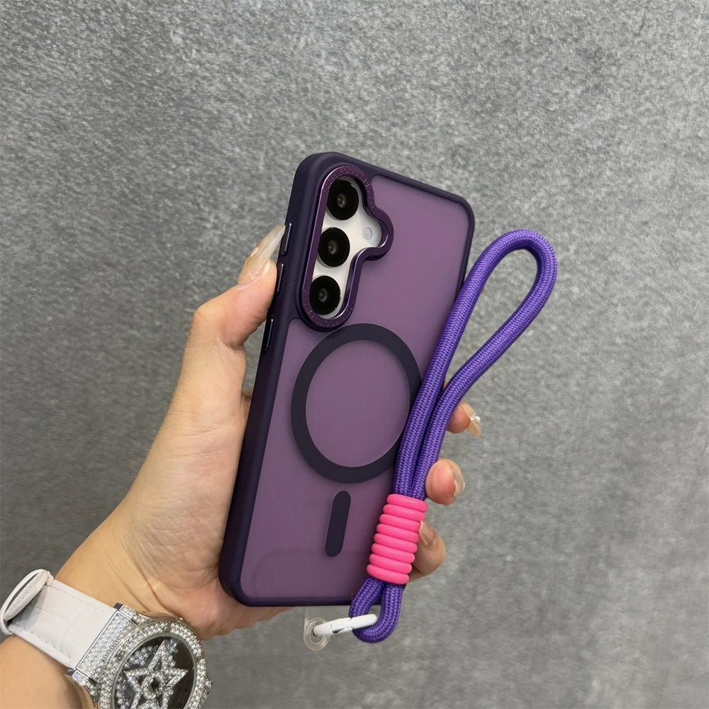 Luxury Matte Magnetic Lanyard Case for Samsung Galaxy S26 S25 Ultra S23 Plus S24 FE Hand Wrist Strap Frosted Shockproof Cover