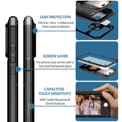 Luxury Heavy Duty Case For iPhone 18 17 16 Pro Max Plus Metal Heavy Duty 360 Full Body Shockproof Armour Protective Cover Fundas