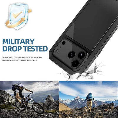 Heavy Duty Metal Armor Phone Case with Built-In Glass Screen Protector, 360° Full Body Rugged Shockproof Dustproof Protective Cover, Compatible with iPhone 18/17/Air/16/15/14/13/12/11, Pro, Pro Max, Plus, Mini, XR, XS, X, SE