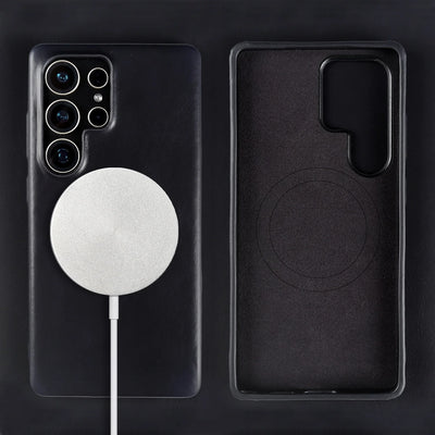 Full Wrapped Magnetic Genuine Leather Phone Case for Samsung Galaxy S25 Edge Cases S24 S23 S22 S21 S26 Wireless Charging Cover