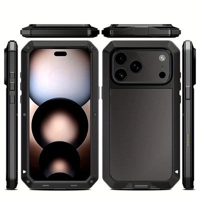 Heavy Duty Metal Armor Phone Case with Built-In Glass Screen Protector, 360° Full Body Rugged Shockproof Dustproof Protective Cover, Compatible with iPhone 18/17/Air/16/15/14/13/12/11, Pro, Pro Max, Plus, Mini, XR, XS, X, SE