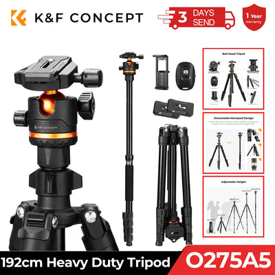 K&F CONCEPT 192cm Camera Tripod with 360 Degree 17.6lbs Load Ball Head Detachable Monopod Heavy Duty DSLR Tripods O275A5+BH-36