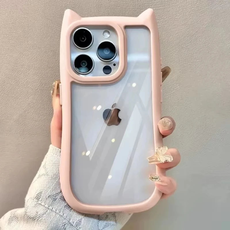 Soft Silicone Cute Cat Ear Phone Case For iPhone 16 17 13 15 14 12 11 Pro Max Air XS Max Funda Transparent Shockproof Back Cover