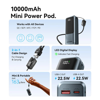 Vention 10000mAh Mini Power Bank 22.5w Portable Charger Built-in USB C Cable PD 3.0 Fast Charging for iPhone 17 18 Samsung S26