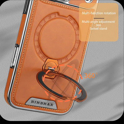 Magnetic Rotat Bracket Luxury Leather Phone Case For iPhone 12 13 14 15 16 17 18 Pro Max Plus Wireless Charging Shockproof Cover