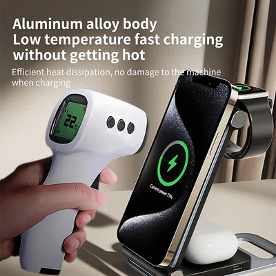 Magnetic Wireless Charging Station 3 in 1 Foldable - 15W Fast Charger Compatible with iPhone, Samsung, AirPods Pro, Aluminum Alloy Stand, Space-Saving for Home Office Travel Bedside Nightstand Desk, Easy to Carry