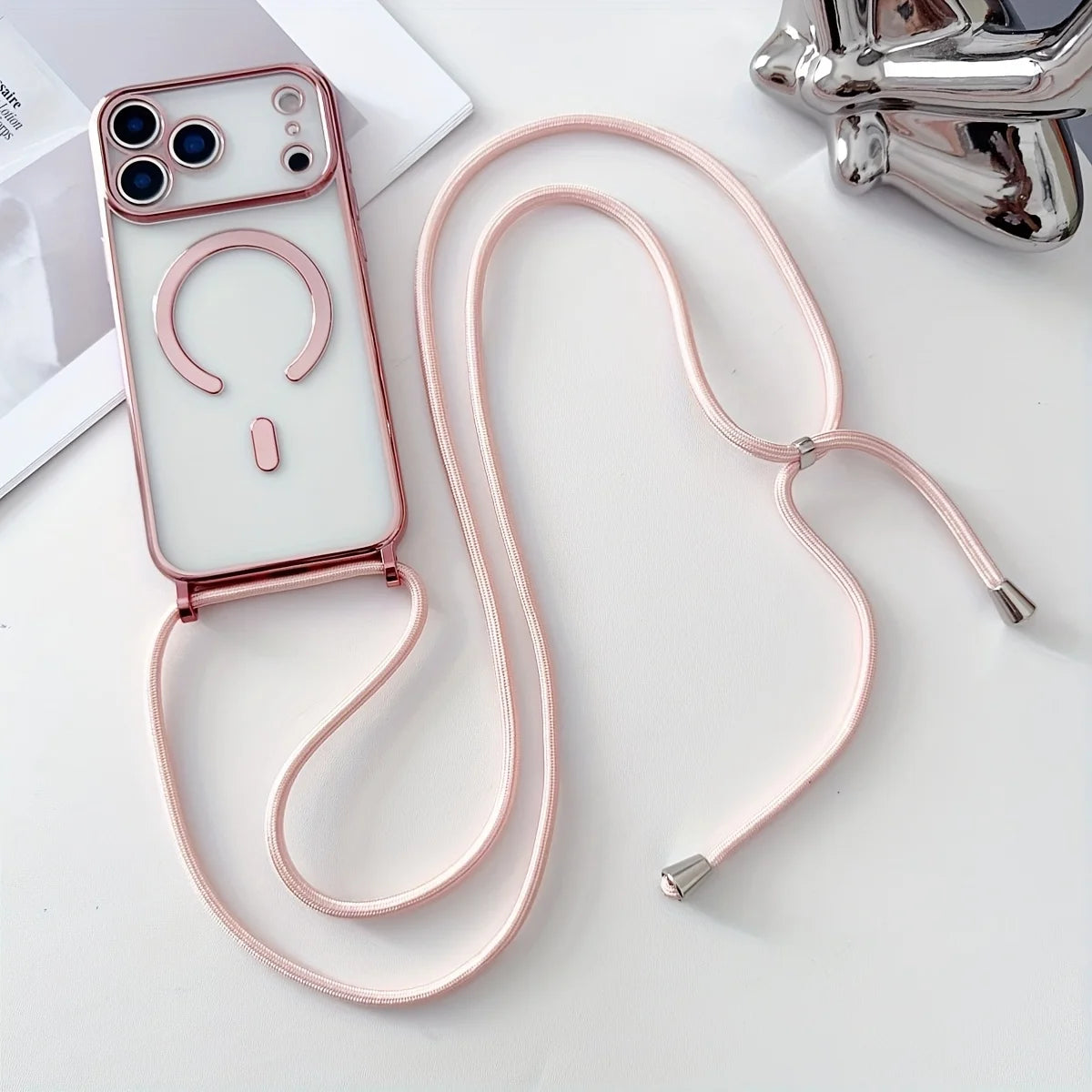 Luxury Necklace Cord Rope Lanyard Plating Magnetic Clear Phone Case For iPhone 17 16 14 12 13 15 Pro Max Air For Magsafe Cover