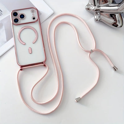 Luxury Necklace Cord Rope Lanyard Plating Magnetic Clear Phone Case For iPhone 17 16 14 12 13 15 Pro Max Air For Magsafe Cover