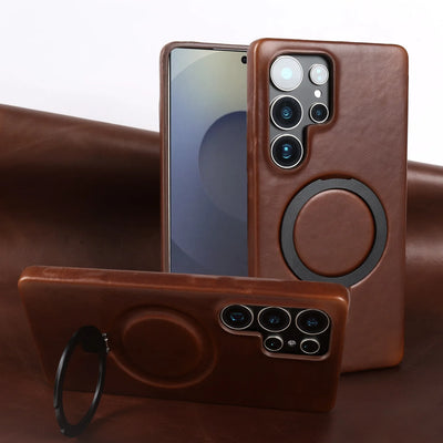 Luxury Magnetic Ring Genuine Leather Case for Samsung Galaxy S26 Ultra S24 S25edg S23 S22 S21 S20 S23 Stand Bracket Phone Cases
