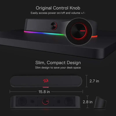 Redragon GS560 Adiemus RGB USB Desktop Soundbar, 2.0 Channel Computer Speaker with Dynamic Lighting Bar Audio-Light Sync/Display