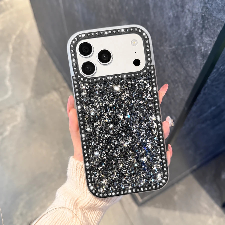 Luxury Sparkling Rhinestone Phone Case, Compatible with iPhone Air/17 Pro Max/16 Pro/15/14/13/12/11, Glitter Acrylic Back Cover, Solid Color Soft-Touch Frame, Large Camera Cutout Protective Case