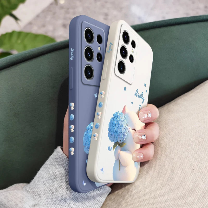 Blue Silk Cat Phone Case For Samsung Galaxy S25 FE S24 S23 S22 S21 S20 S10 S10E Ultra Plus FE Note 20 Ultra Plus Cover
