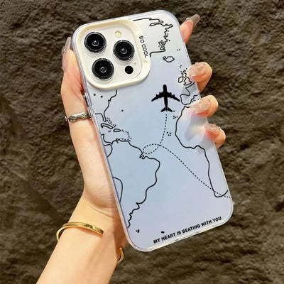Planes Travel World Map Cover Phone Case For iPhone Apple 16 15 14 12 13 11 Pro 8 7 SE Plus X XS Max Clear Hard Case Funda