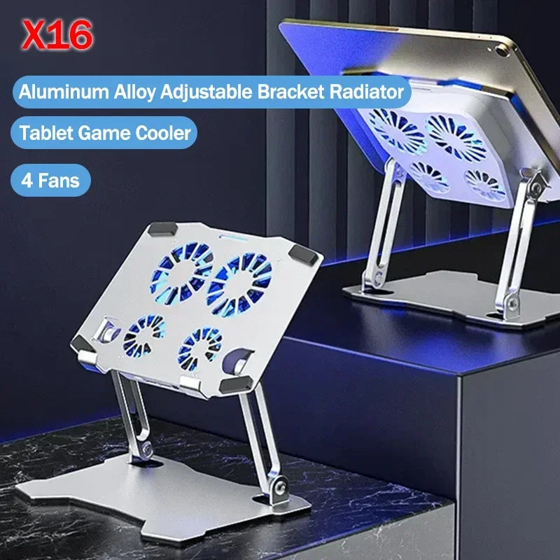 X16 Aluminum Alloy Multi-functional Adjustable Bracket Radiator Folding Telescopic Stand with 4 Cooling Fans for IPad Universal