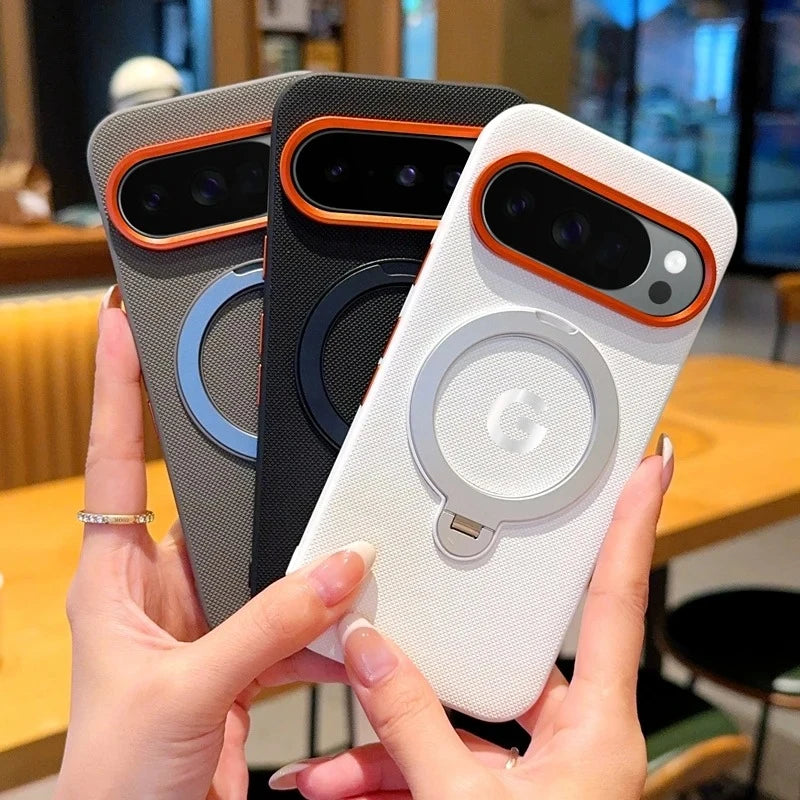 Busines Texture Woven Leather Magnetic Rotable Bracket Case For Google Pixel 11 Pro 10 Pro XL Alloy Button Lens Frame Back Cover