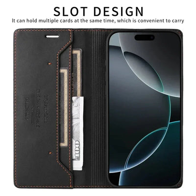 Leather Magnetic Flip Case for iPhone 16 17 15 14 13 12 11 Pro Max 17E 16E Air XR XS Max 7 8 Plus SE 2022 Wallet Slot Phone Case