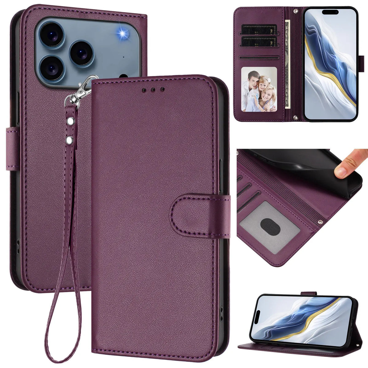 Solid Color Flip Wallet Leather Case For iPhone 17 13 14 15 16 12 Pro Max Air 16E 16 15 14 Plus 12 13 Mini Lanyard Back Cover