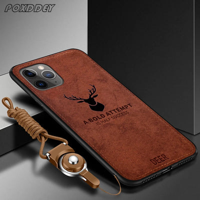Lanyard Vintage Deer Print Phone Case For iPhone 17 Air 11 12 13 14 15 16 Pro Max Max Plus 16E PU Cloth Texture Mild Back Cover