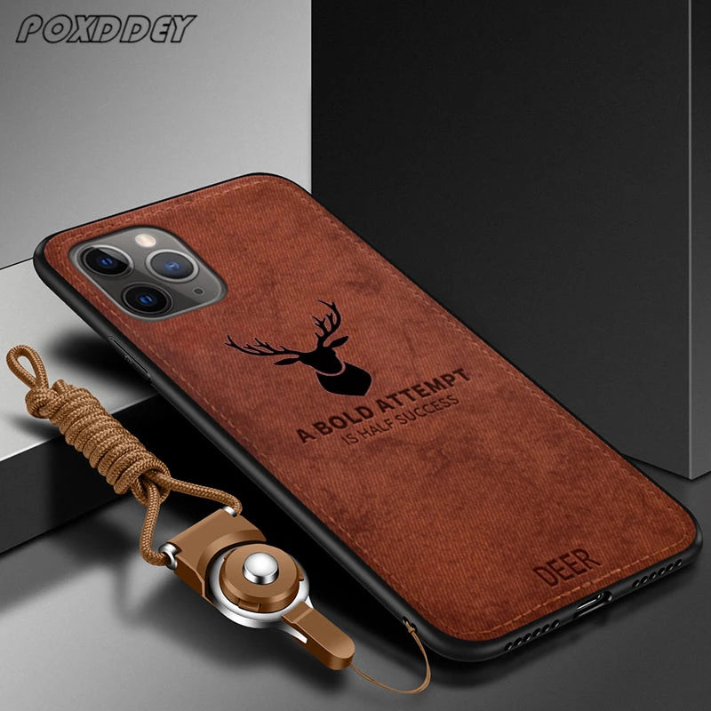 Lanyard Vintage Deer Print Phone Case For iPhone 17 Air 11 12 13 14 15 16 Pro Max Max Plus 16E PU Cloth Texture Mild Back Cover